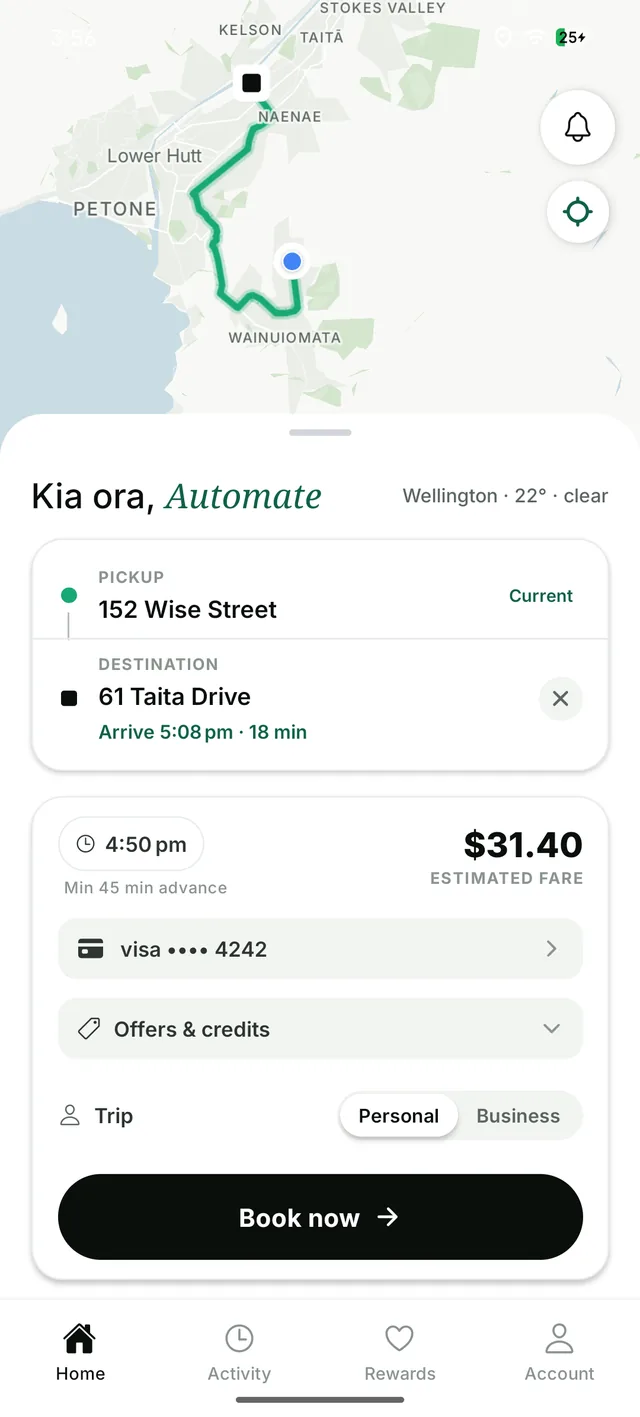 Wheee booking screen showing the estimated fare before you confirm