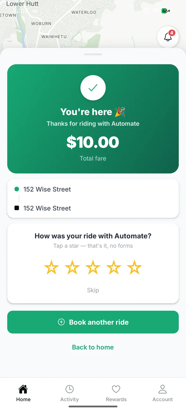 Ride complete screen with total fare and one-tap rating