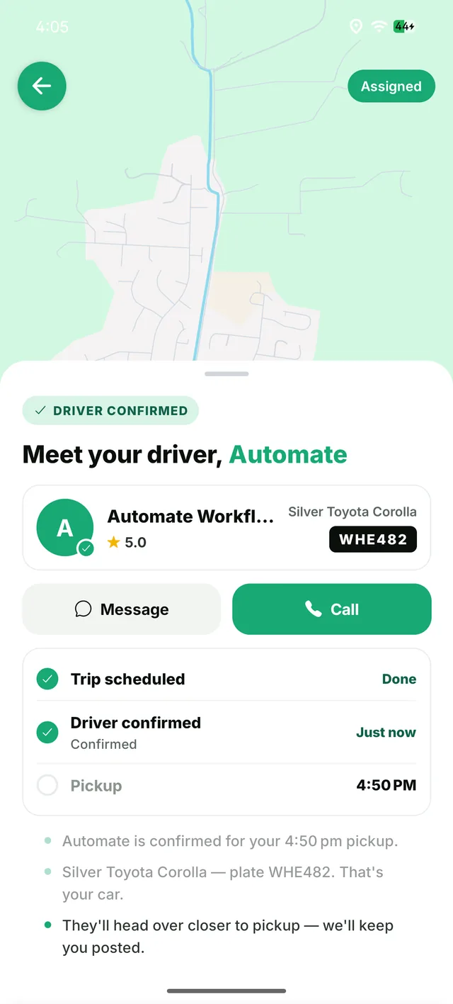 Driver confirmed screen with name, car and plate
