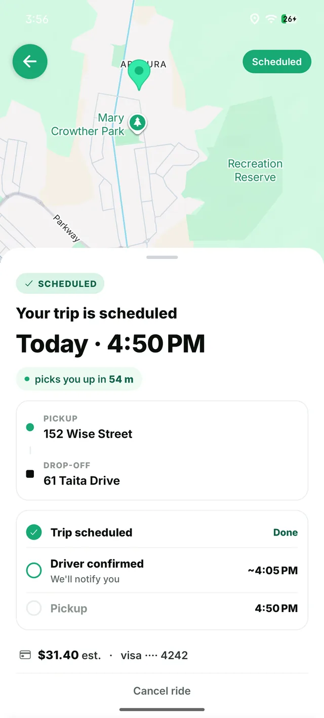 Trip scheduled confirmation screen